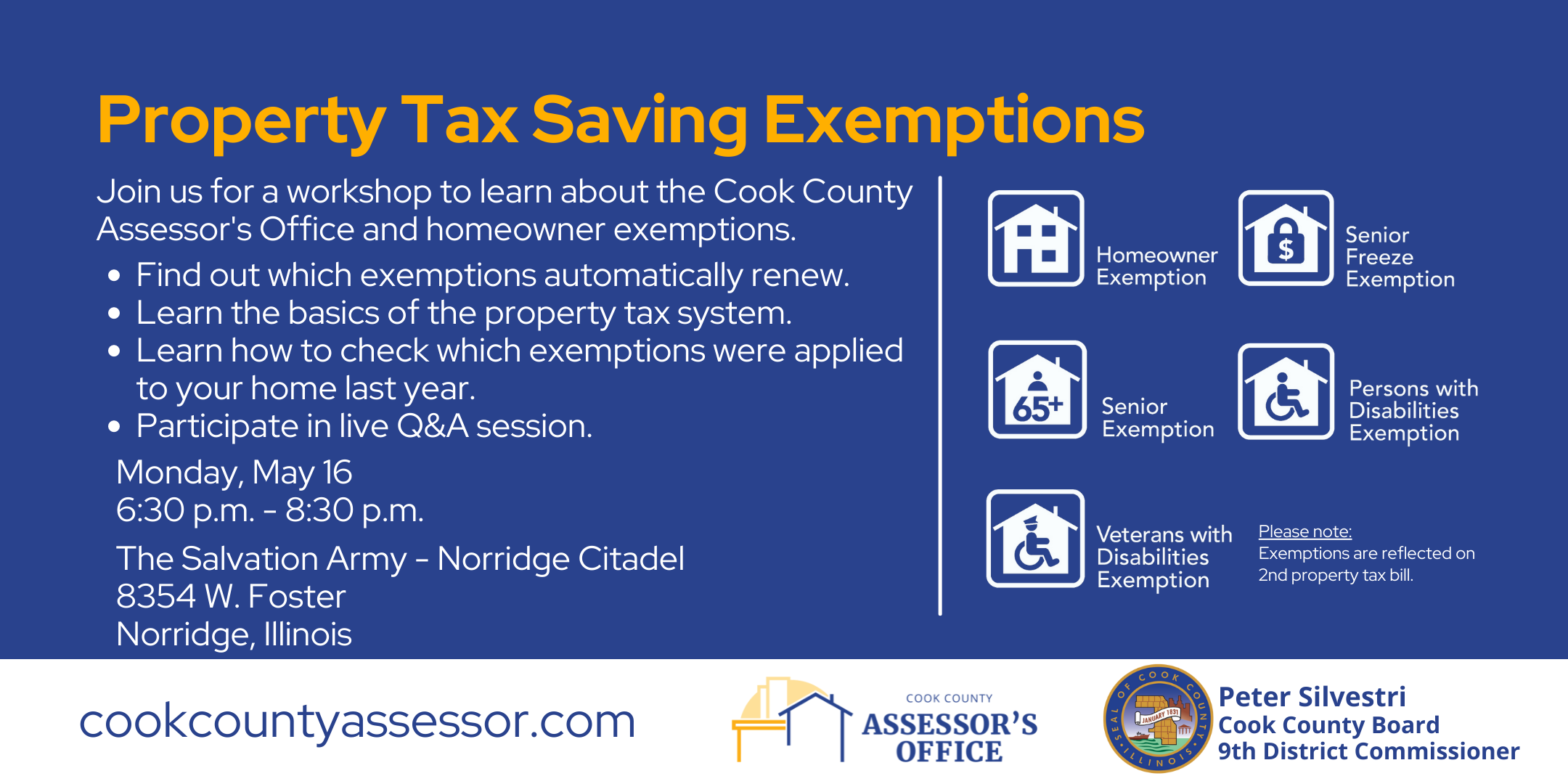 Property Tax Exemption Workshop with Commissioner Peter Silvestri May 16, 2022 in Norridge Illinois