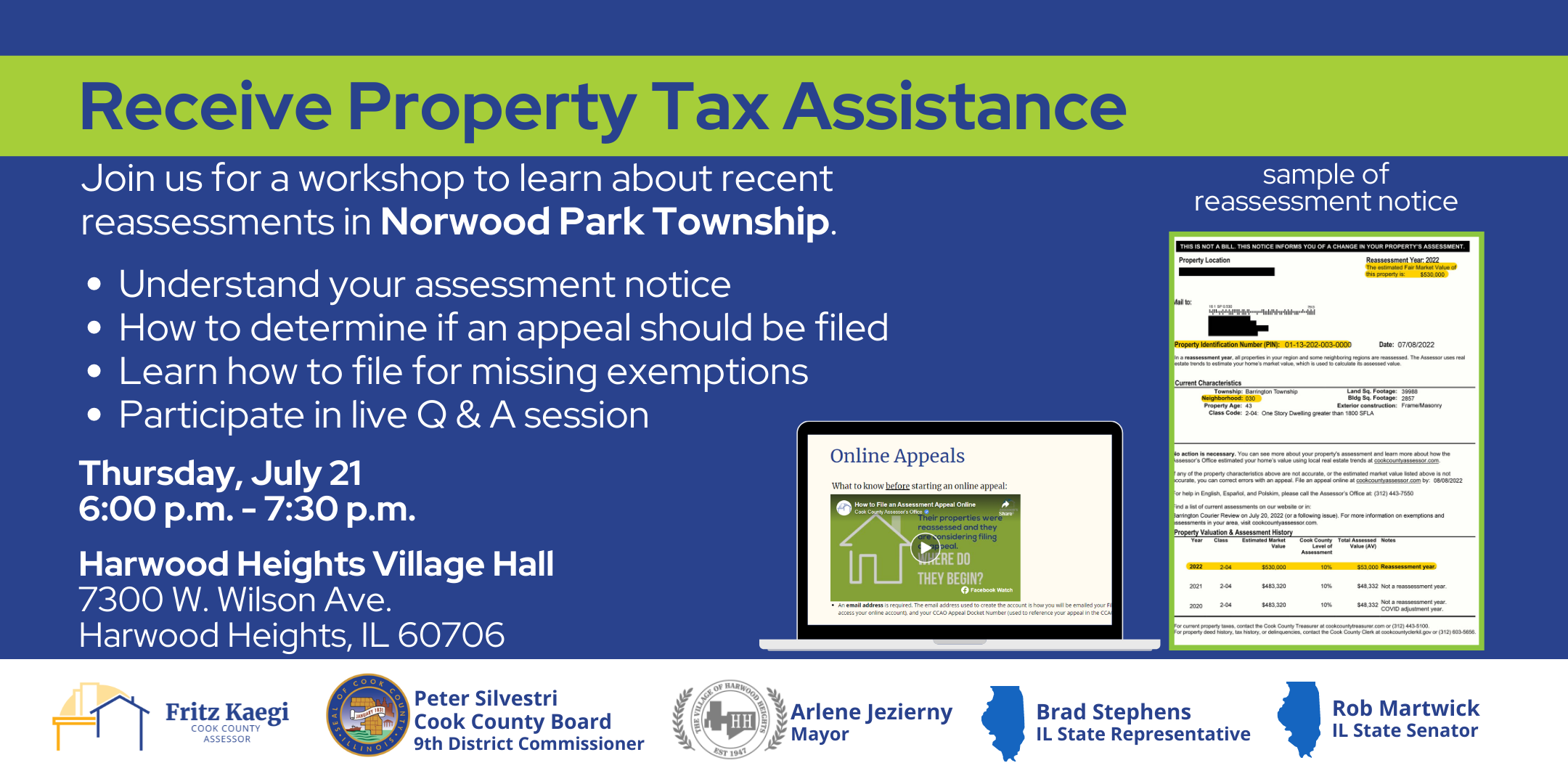 receive property tax assistance july 21 harwood heights