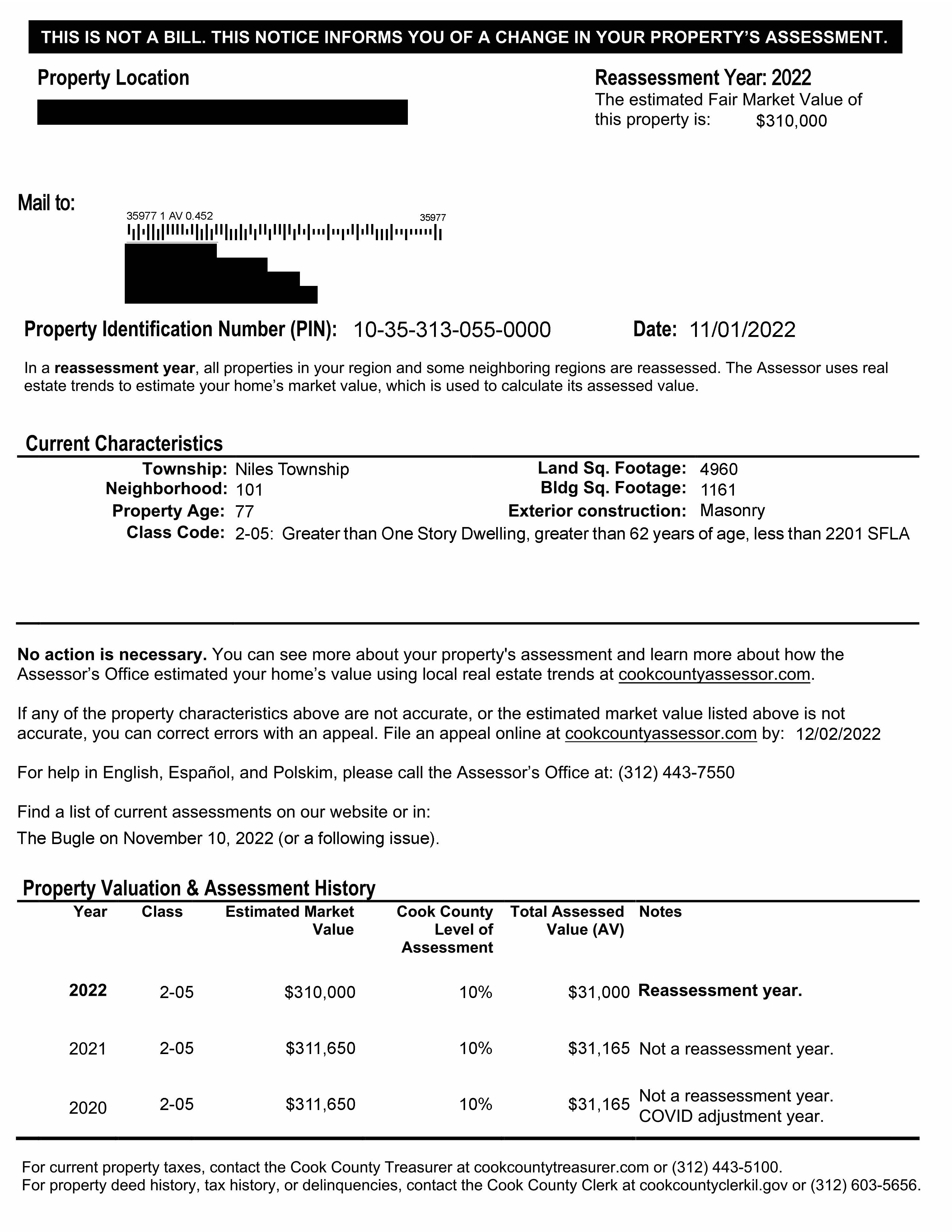 Sample Reassessment Notice for Niles Township