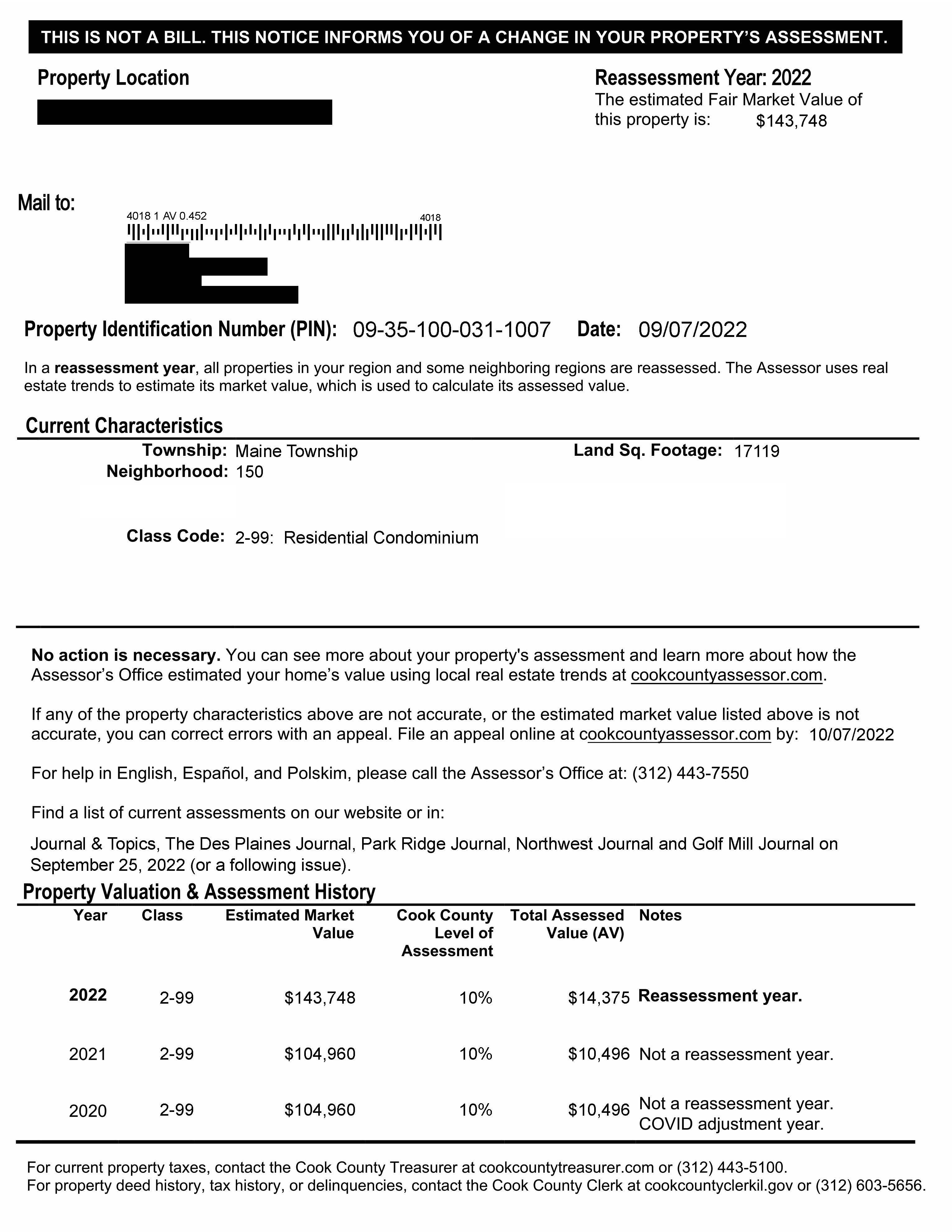Maine Township Redacted Reassessment Notice Sample