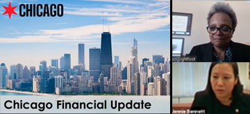 Image of Chicago's skyline, Mayor Lori Lightfoot, and Chief Financial Officer Jennie Huang Bennett